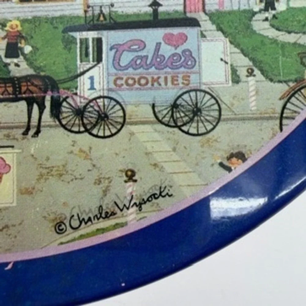 Vintage 1991 Charles Wysocki Confection Street Round Tin Pink Blue Folk Art 7in
